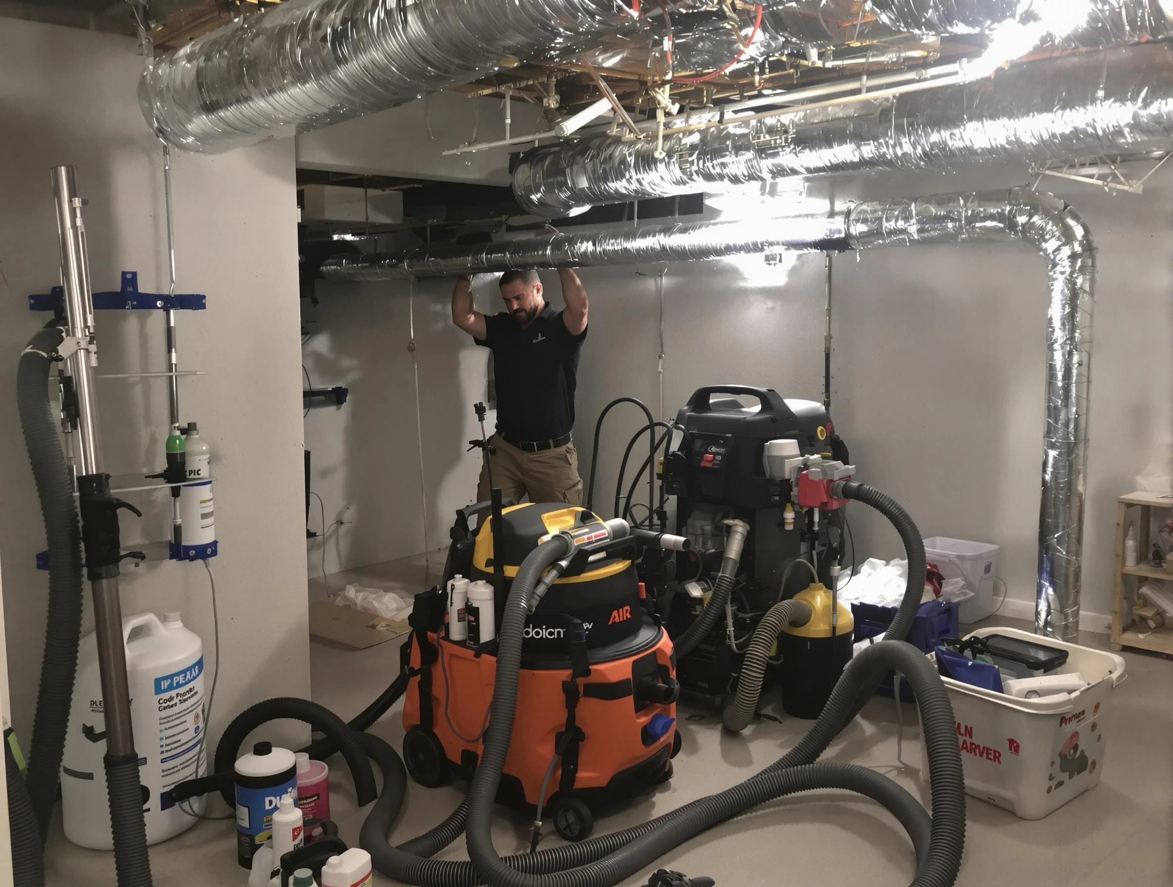Herriman Air Duct Cleaning specialist performing professional mold removal from air ducts using safety equipment in Herriman